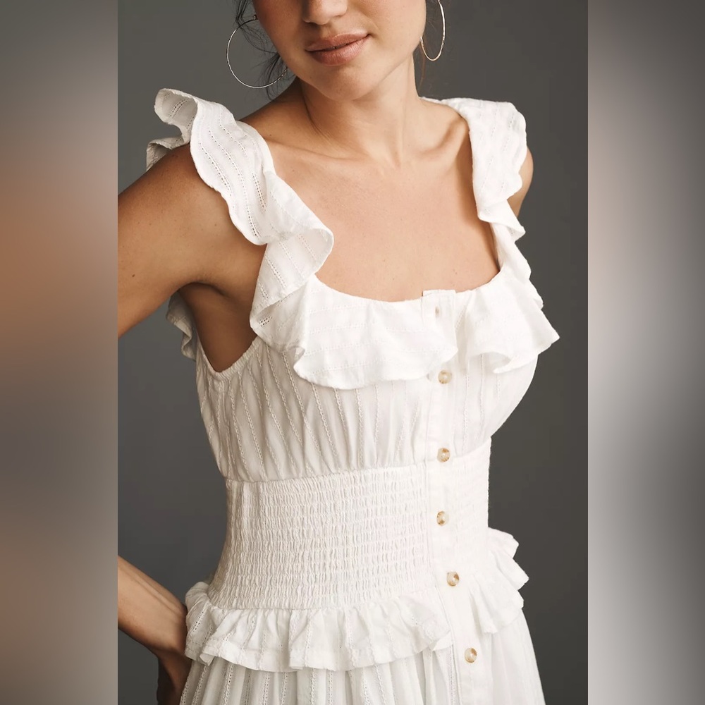 NWT Anthropologie Pilcro Ruffled Smocked-Waist Button-Front Midi Dress white - Picture 5 of 6